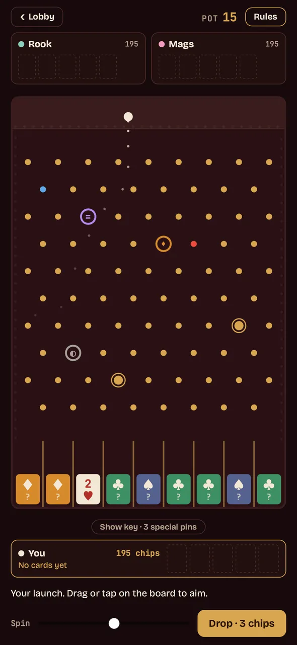 The peg board before a drop, a ball waiting at the top and a row of card slots across the bottom, some face up and some face down. A spin slider sits under the board beside a button reading Drop, 3 chips.