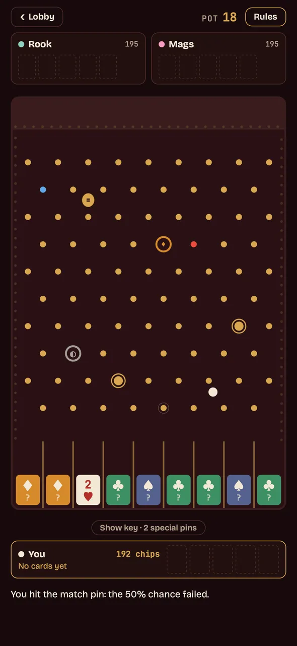 The ball part way down the board among the pegs, with a line under it reading that you hit the match pin and its fifty per cent chance failed.